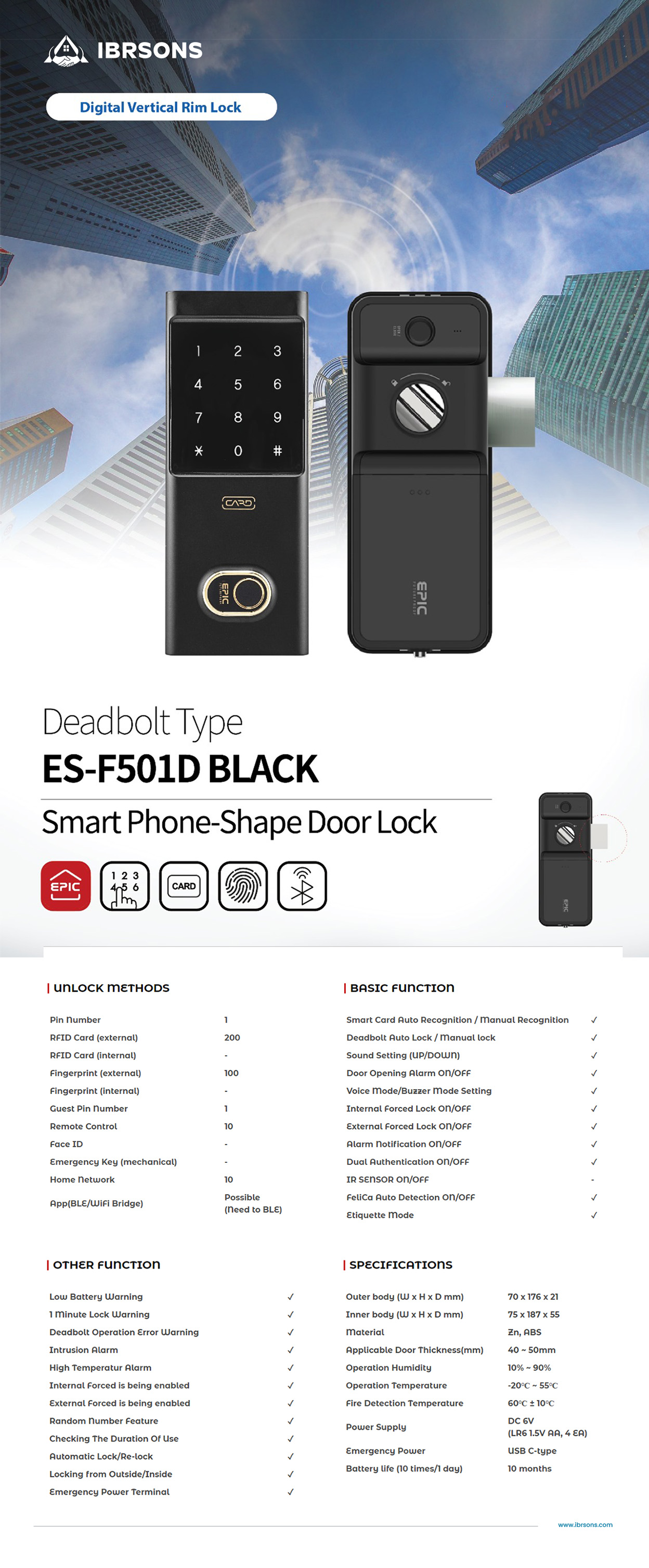EPIC - ES-F501D Smart Digital Door Lock (Black Color) - Ibr&sons Ltd